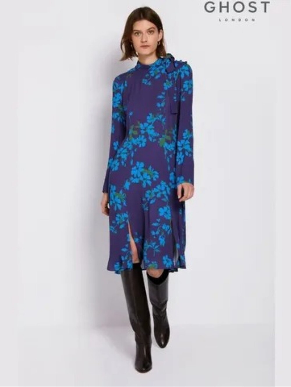 Purple Floral Tie-Neck Midi Dress with Blue & Green Blooms Ghost London  Size XS